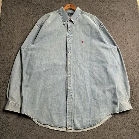 Vintage Polo Ralph Lauren Denim Button Down Shirt Mens XL Red Pony Old Money